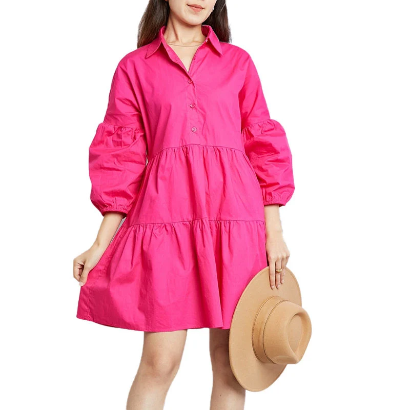 Robe décontractée à manches longues bouffantes avec col rabattu et boutons sur le devant, personnalisable en gros pour l'été, avec des volants superposés et rassemblés pour les femmes.