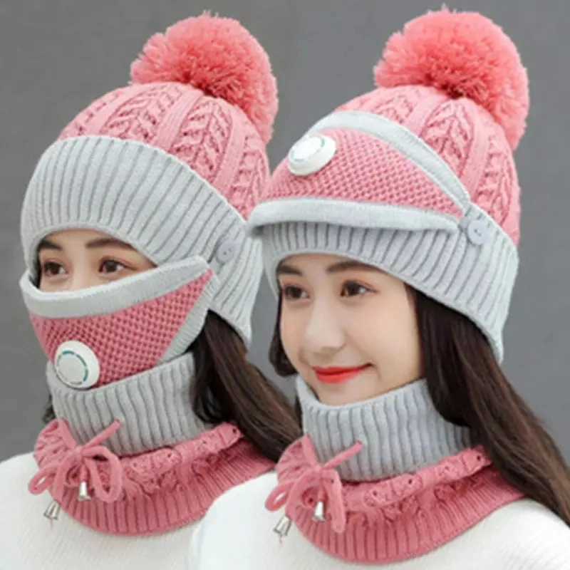 طقم قناع الوجه الدافئ من قماش Fleece Knit Winter Hat Scarf للفتيات قبعة من مص الأذن مع Pom Pom تصميم مخصص Knined Beanie قبعة للنساء