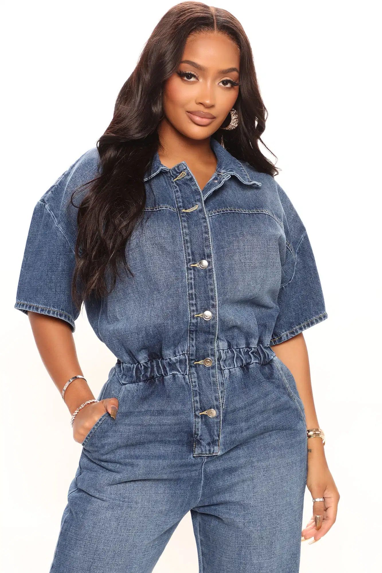 La mujer azul medio Non-Stretch Collar de manga corta vestido elástico cintura lavar Denim Jumpsuit emparejador