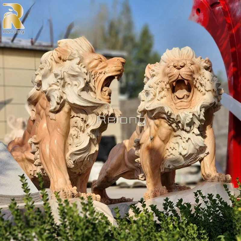 Luxury Natural Red Marble Garden Lion Sculpture Hand Carving Marble Standing Lion Statue Wholesale/Supplierr