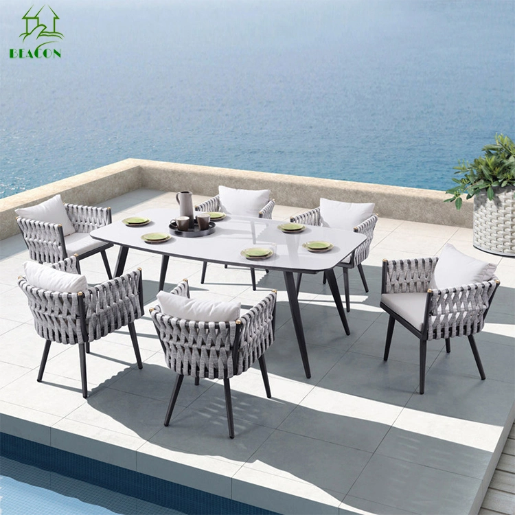 Patio Garten Im Freien Aluminium Rattan Terrasse Seil Weben Rechteckige Speisen Tisch 6 Sitzmöbel