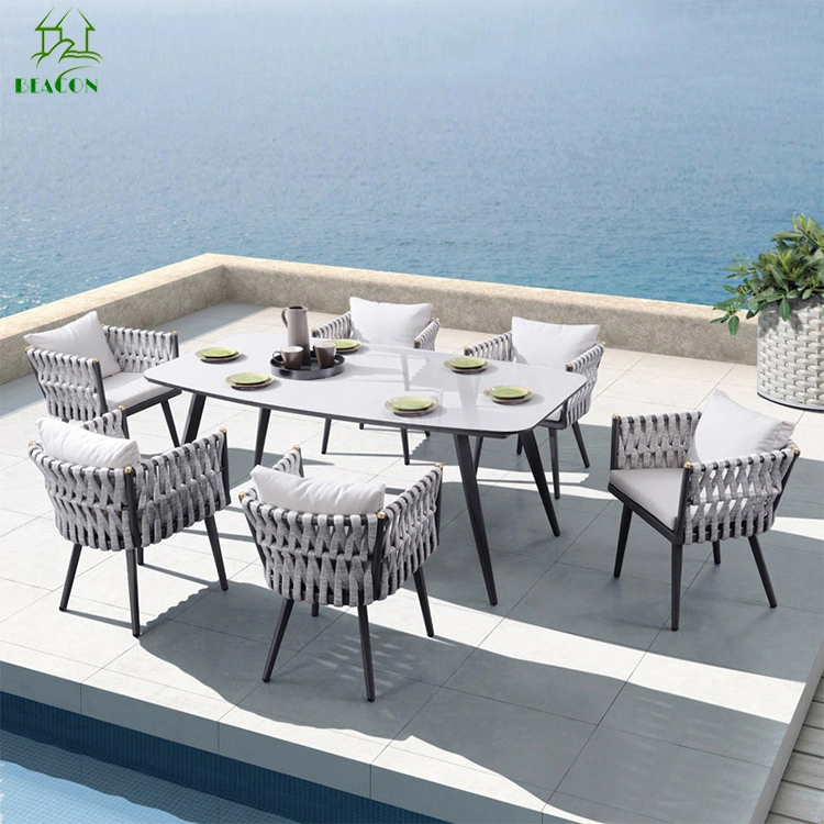 Patio Garden Outdoor Aluminum Rattan Patio Rope Weaving Rectangular Dining Table 6 Seat Dining Furniture