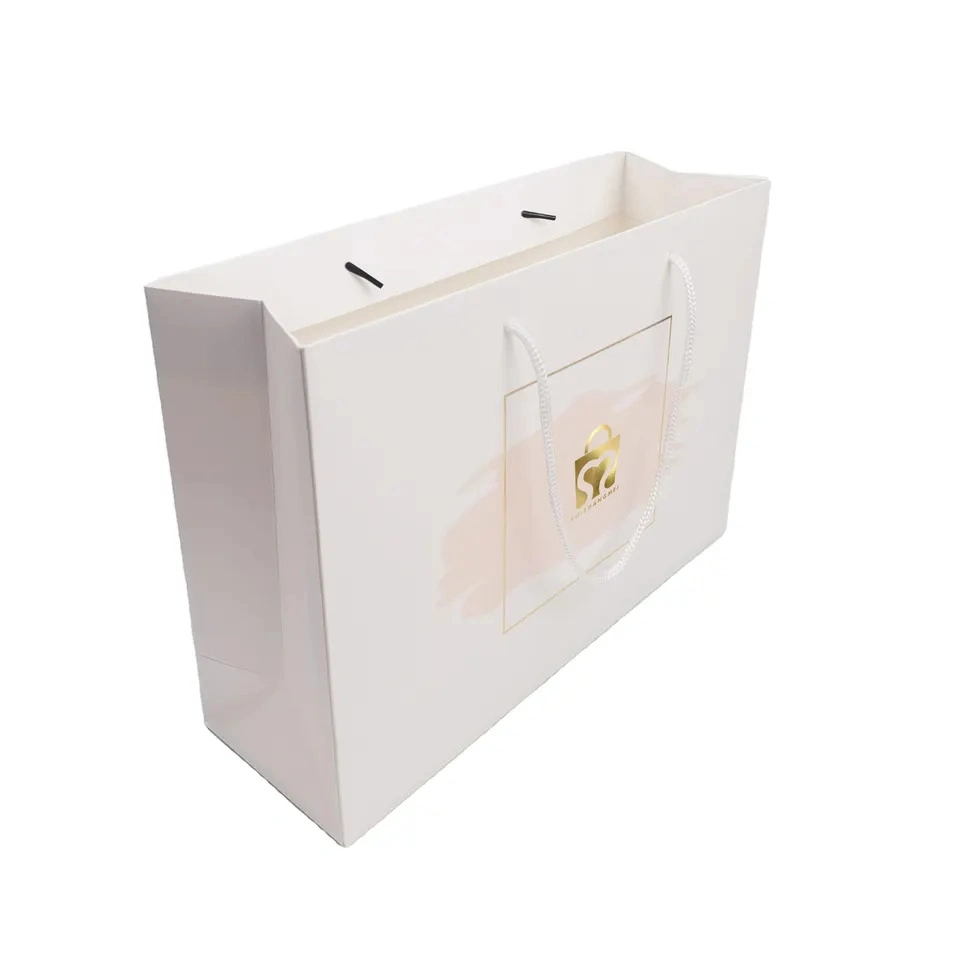 Customize Logo Printed White Boutique Shopping Clothes Paper Bag with Ribbon Handle