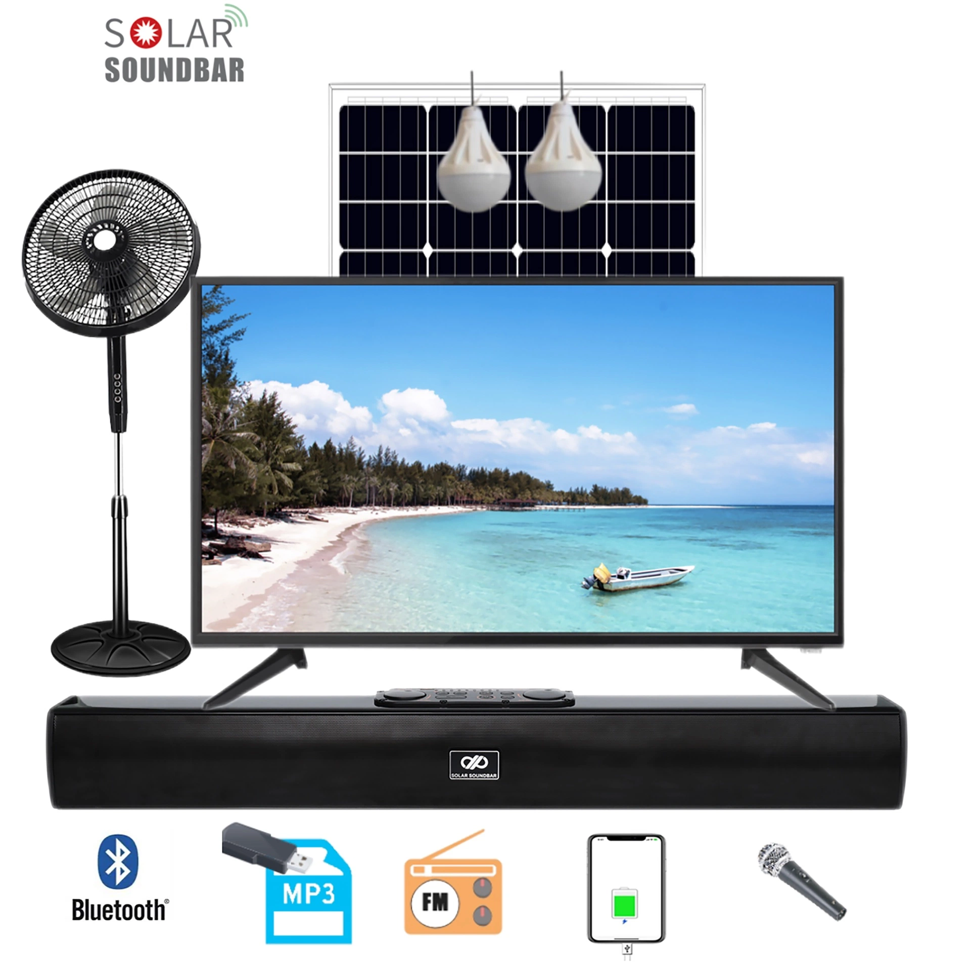 Système de TV énergie solaire avec téléphone portable charge Bluetooth MP3 FM radio fonction de chant avec ventilateur, TV, LED et panneau solaire