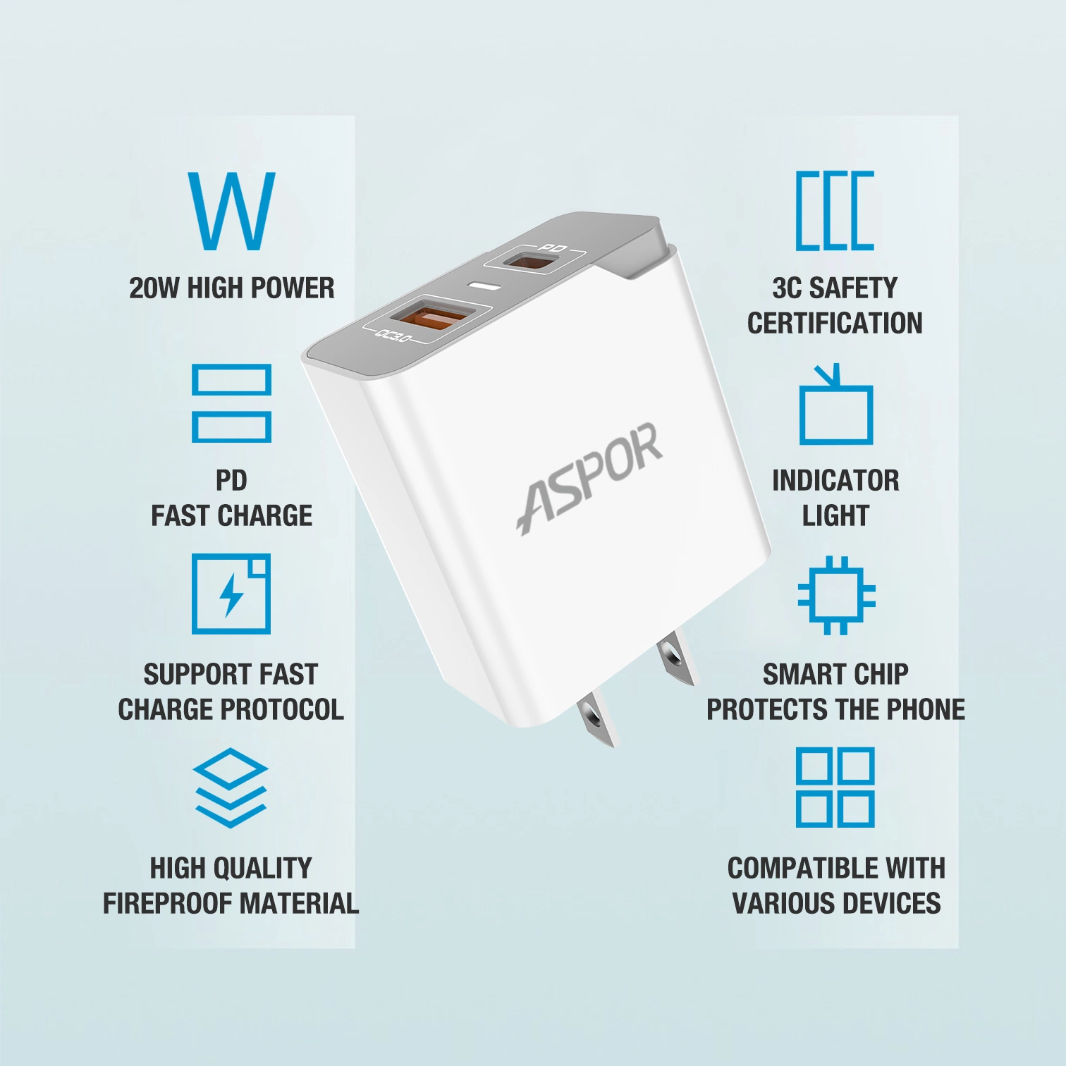 Aspor New Charger A826 20W Pd+ QC Fast Speed Phone Charger EU/Us/UK Pin with Type C- Type C / Ipx / Pd Cable