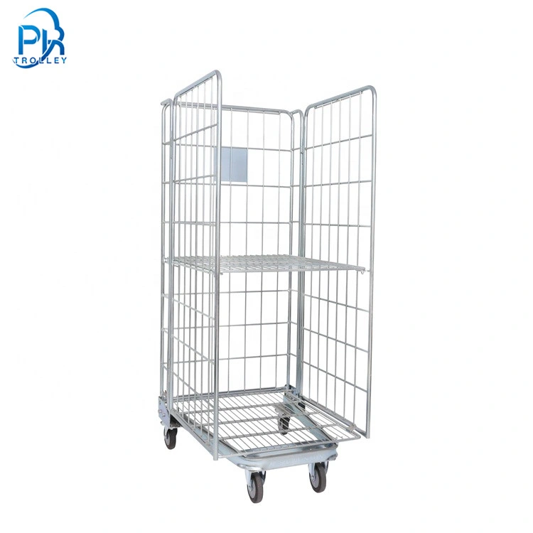 Servicio de lavandería de zinc metal plegable Trolley de almacenamiento para el transporte de contenedores de rollo