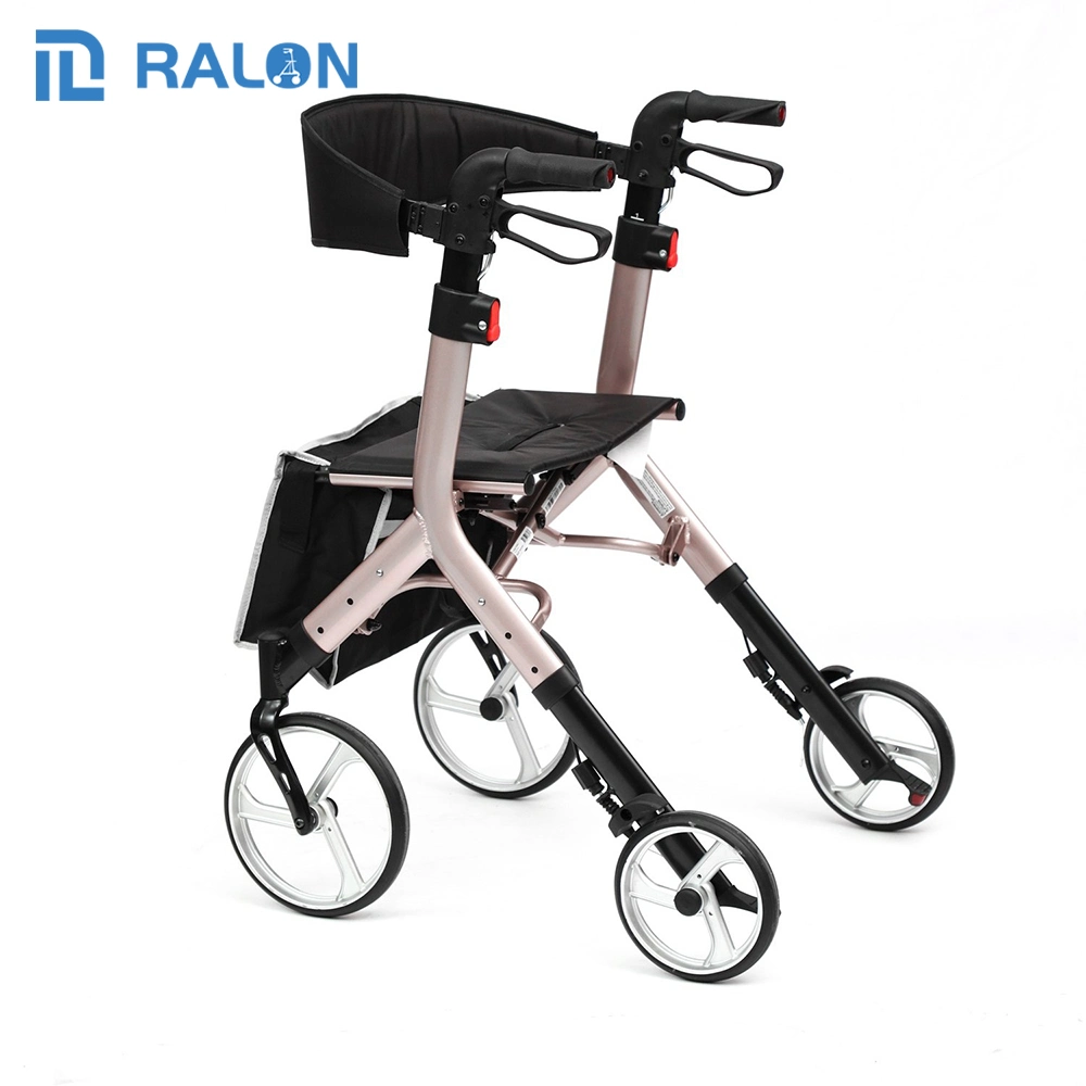 Elderly Indoor Manual Aluminum Rollater Custom Logo Lightweight Mobility Four Wheel Rollator with Seat