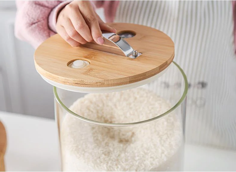 Large Size 8L Borosilicate Glass Kitchen Use Rice Storage Jar Dispenser Bucket with Wooden Base