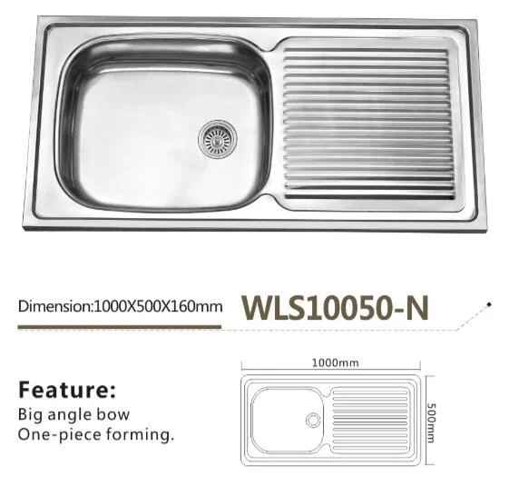 Good Quality Stainless Steel Kitchen Single Bowl with Drain Board Sink Wls10050-N