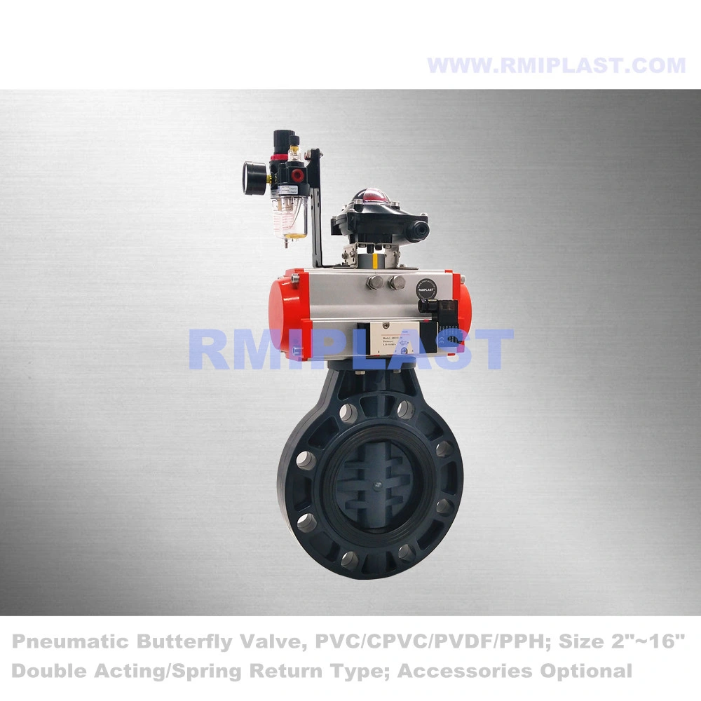 PVDF mando neumático Válvulas de Mariposa doble efecto retorno por resorte de acción simple con válvula de solenoide de interruptor de límite de 24V ANSI CL150 PN10