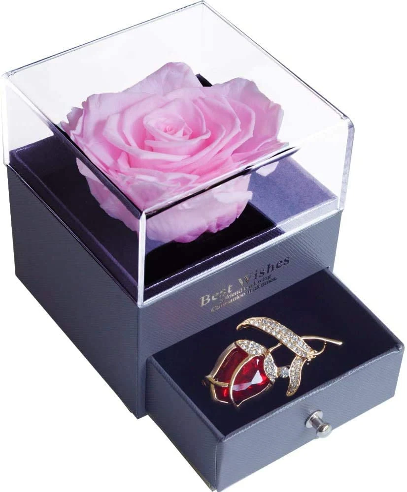 Siempre Rosa Rosa Caja de regalo, joyería artesanal eterna flor rosa preservada para la mujer, esposa, novia en San Valentín, cumpleaños, Día de la madre