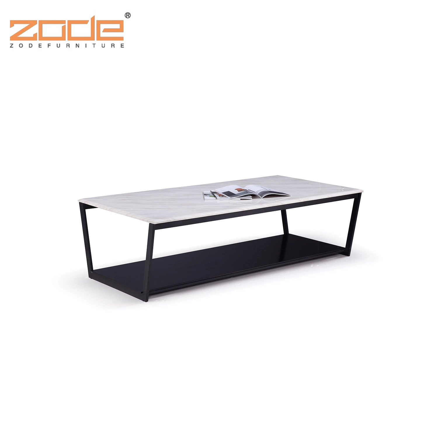 Zode Vintage Industrial Parquet Marble Top Metal Frame Living Room Glass Top Coffee Table