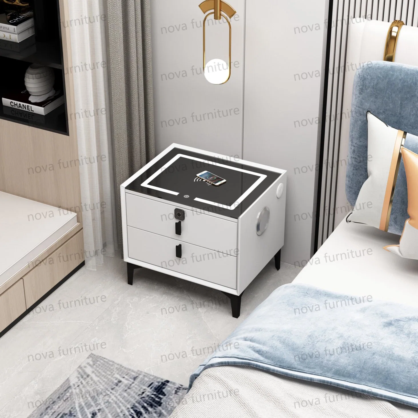 Último diseño de muebles de dormitorio para el hogar moderno. Gabinete de almacenamiento de mesita de noche de madera con LED y mesitas de noche inteligentes con carga inalámbrica.