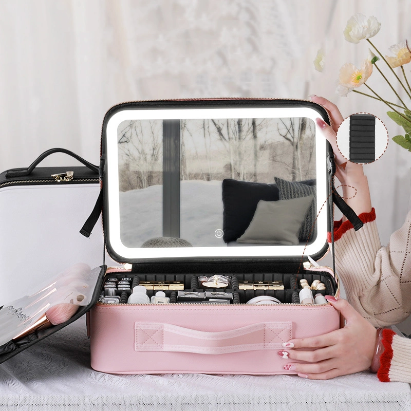 Viajar en tren el maquillaje con espejo LED Belleza Brillo Ajustable multifunción Funda caja de regalo de aseo para mujer