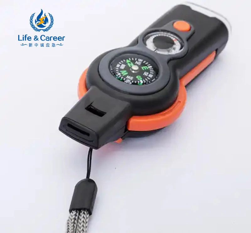 ABS 7 in 1 Multi-Functional Emergency Outdoor Tool Survival Whistle Outdoor Exploration Tools with Compass LED Flashlight Thermometer