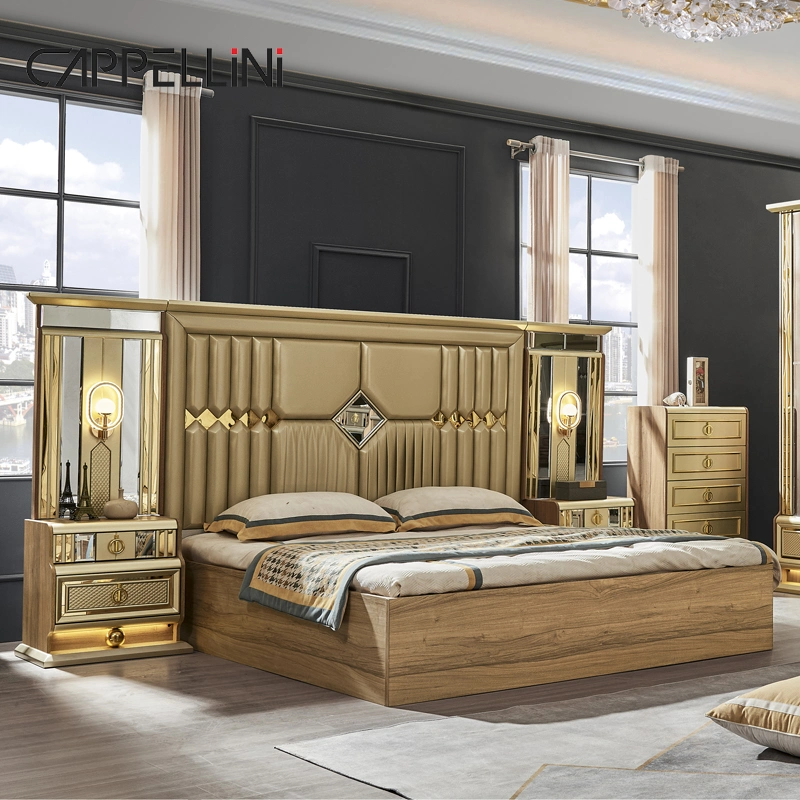 Классическая королевская роскошь Gold King Size двуспальная кровать Вилла Home Главная комната Королева MDF Деревянная мебель для спальни с полным набором