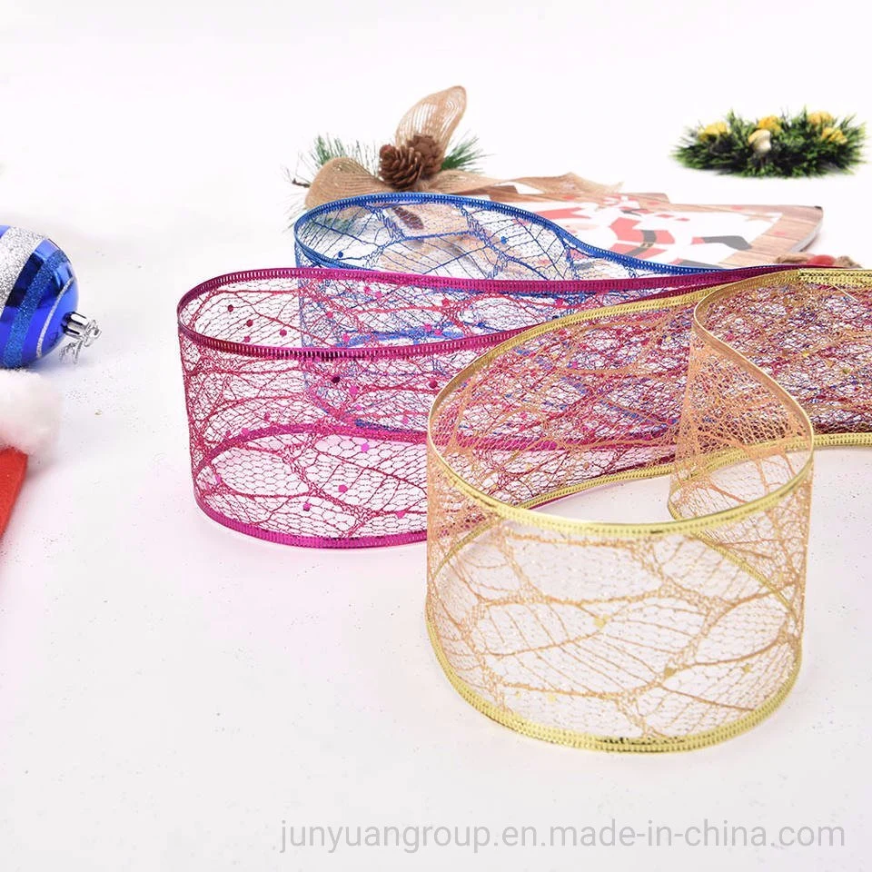 New Style Silver/Gold/Pink/Blue Maple Leaf Glitter Mesh Wired Edge Christmas Ribbon Package Decoration