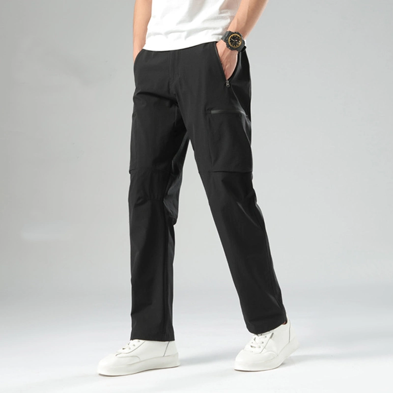 Pantalones de moda pantalones multifuncionales cintura elástica hebilla Zipper bolsillo piel Pantalones amistosos para hombres