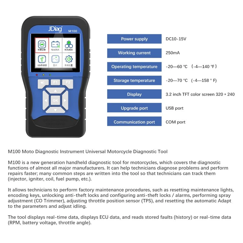 Jdiag M100 Herramienta de diagnóstico de motocicletas para Kawasaki YAMAHA Suzuki Motorbike Scanner Motor Scan Tool en lugar de Mct-500