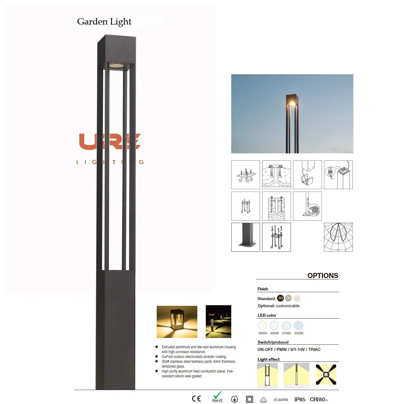 Lampe de jardin extérieure en aluminium avec éclairage LED pour cour et portail, avec base.