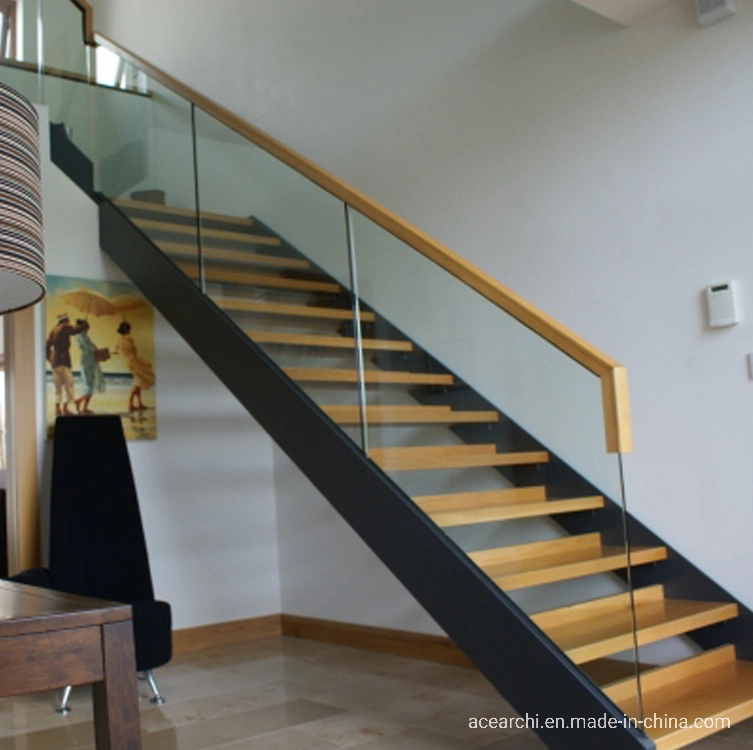 Ace Interior Double Stringer Steel Stair with Glass Balustrade Wood Straight Stair