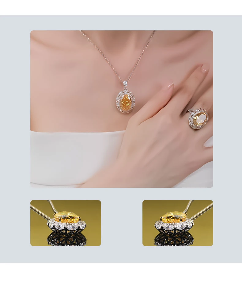 S925 Silver Fashion Luxury Ice Flower Cut Big Yellow Diamond Topaz Pigeon Egg High quality/High cost performance  8A Cubic Zirconia 18K Gold Plating Ring Necklace Fine Jewelry Set