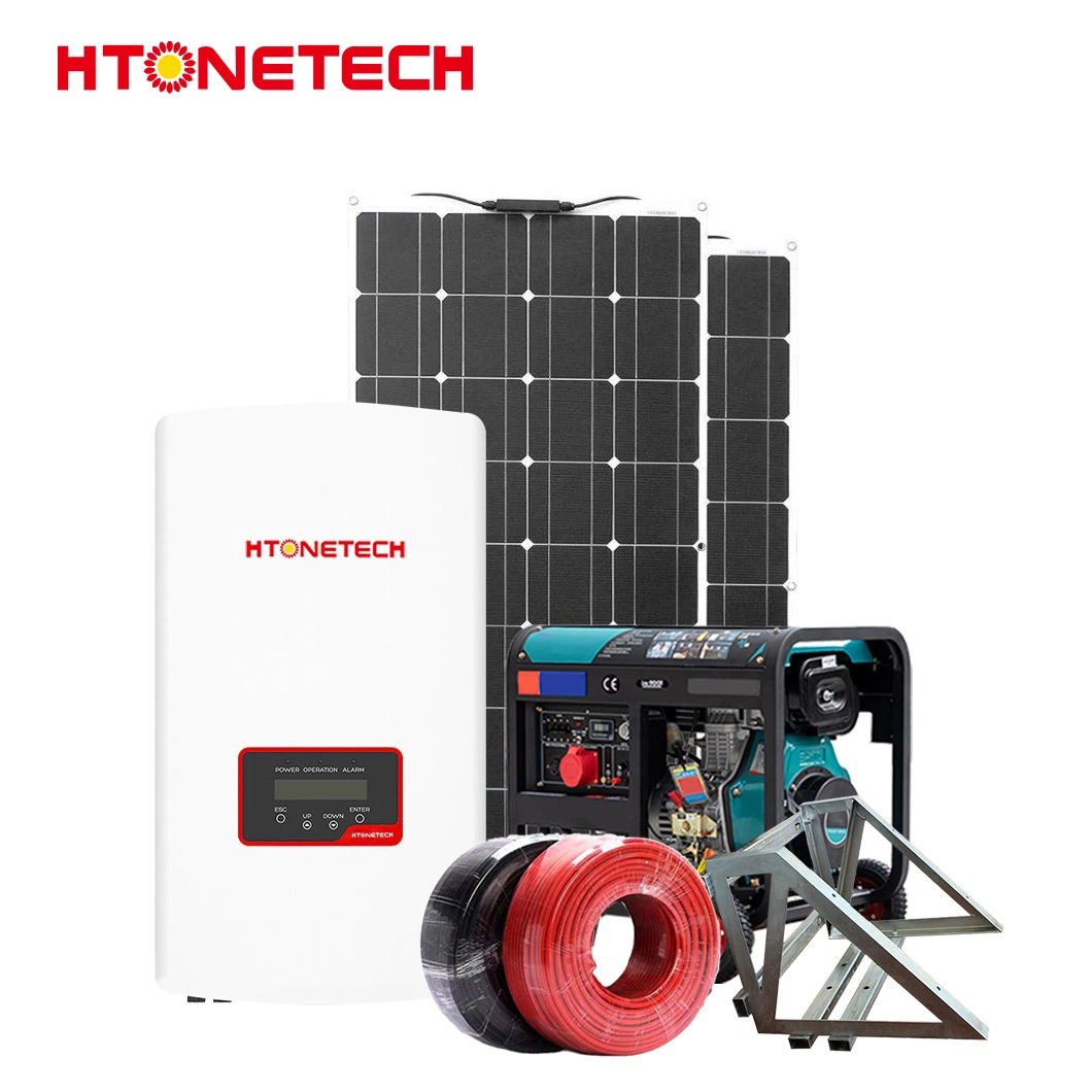 Htonetech Panel Solar monocristalino de fábrica de 700 W fuera de la red inversor de la turbina eólica China 20kw de potencia Solar Híbrido sistema con el generador diesel de 25 kVA.