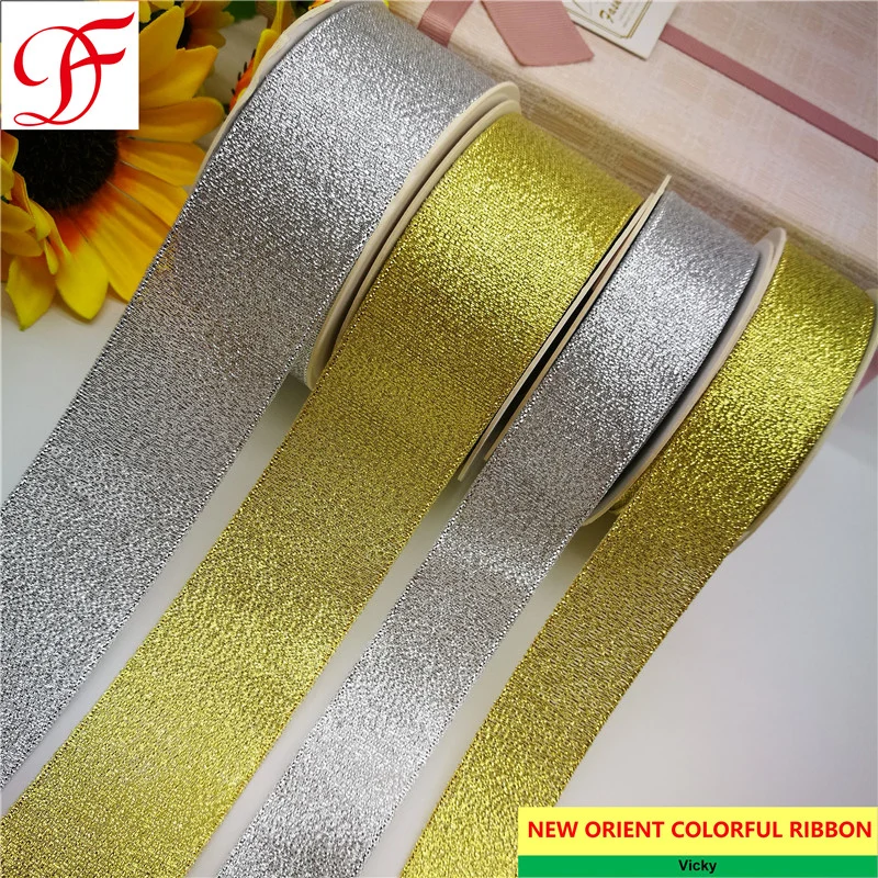 Factory Satin, Grosgrain Organza Ribbon Gold and Silver Metallic Ribbon with Color Metallic for Gifts/Decoration/Wrapping/Packing/Xmas Box