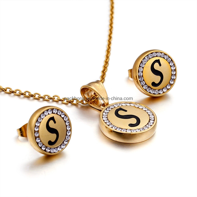 Nouvelle Mode 26 lettres de bijoux en or 18K en acier inoxydable 316L Alphabet de diamant pendentif Charm Lettre Collier initiale court jeu de charme Necklace Earring