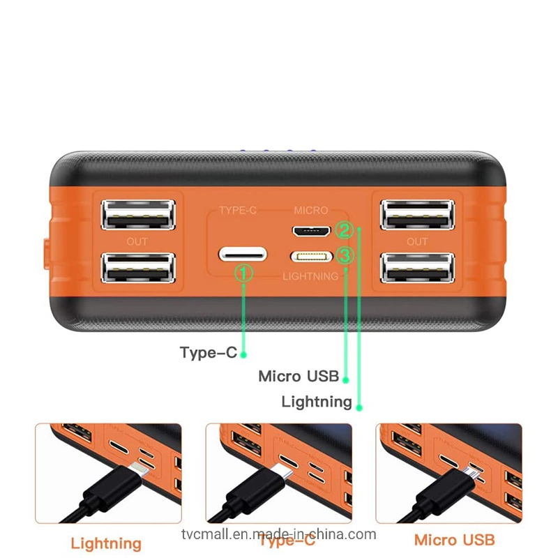 10000mAh Solarstromantriebsbank 4 Ausgang + 3 Eingang extern Akku mit LED Camping Light - Orange