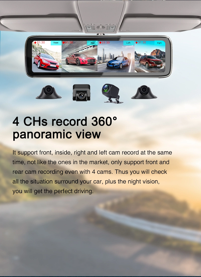 4 câmaras 4G 2 GB e 32 GB Car Dashcam 12" Rearview 4 chs WiFi GPS ADAS