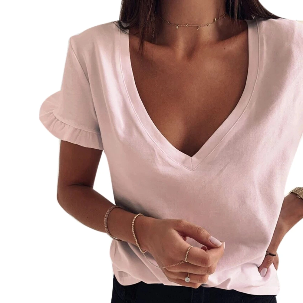 Mujeres Casual Verano sólido Sexy V cuello desbocado corto suelto Camiseta con parte superior con fondo de manga y camiseta blanca para mujer de talla superior