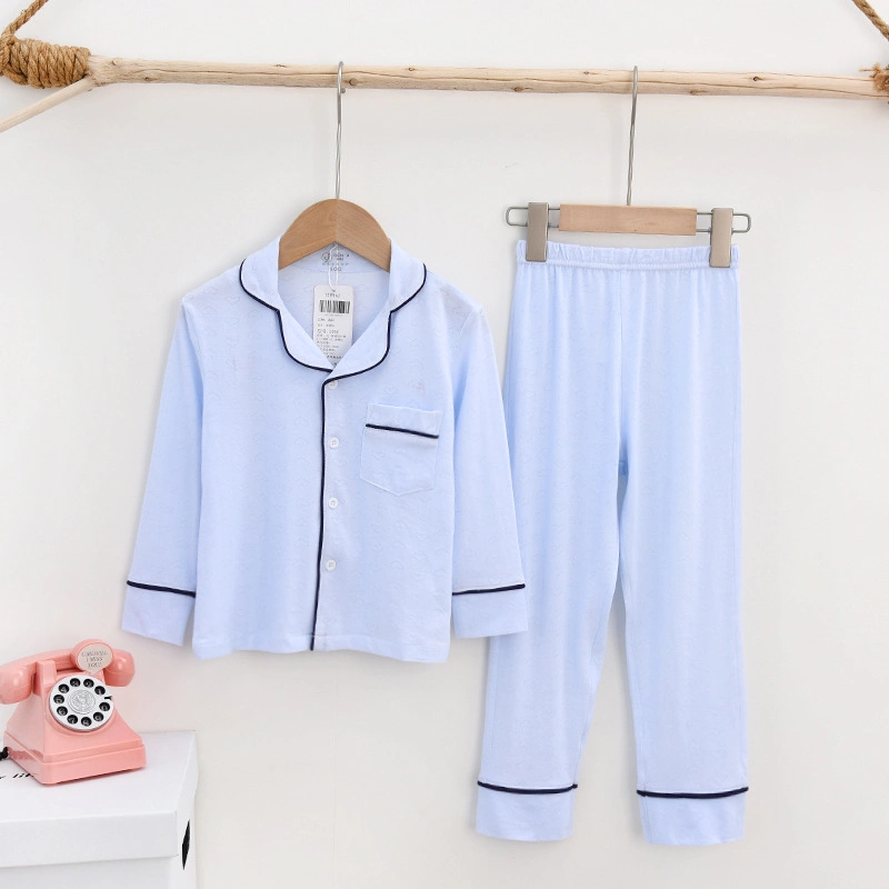 Children's Home Clothes, Summer Lapel Long-Sleeved Confinement Clothes, Middle and Older Children's Cotton Silk Pajamas Set, Summer Parent-Child Underwear Trend