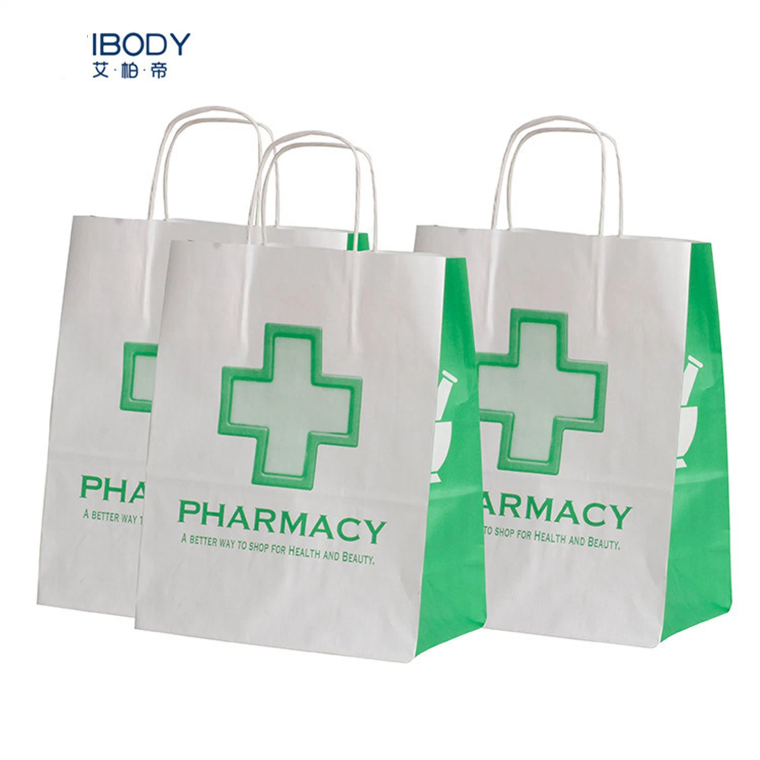 Custom Printed Logo Medical Sickness Flat Twisted Handles White Kraft Paper Bags for Medicine
