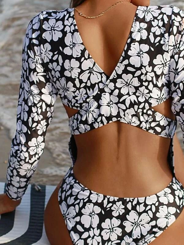 Floral Print Surf Swimsuit One Piece Halter Beach Wear Surfing Bathing Suit