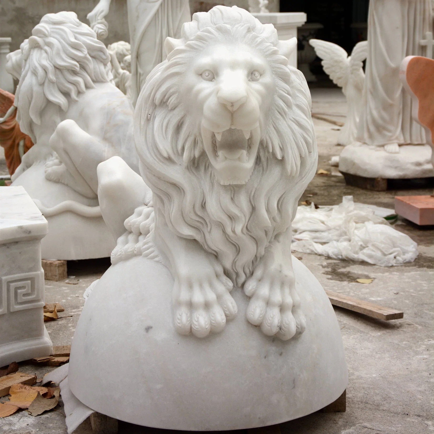 Custom Made White Marble Lion Resting on a Half Ball