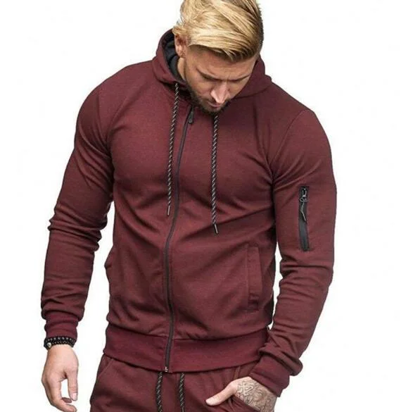 El 65% de algodón para hombres Slim Deporte Sudadera con capucha chaqueta con cremallera del brazo de la moda casual sudadera de viajes