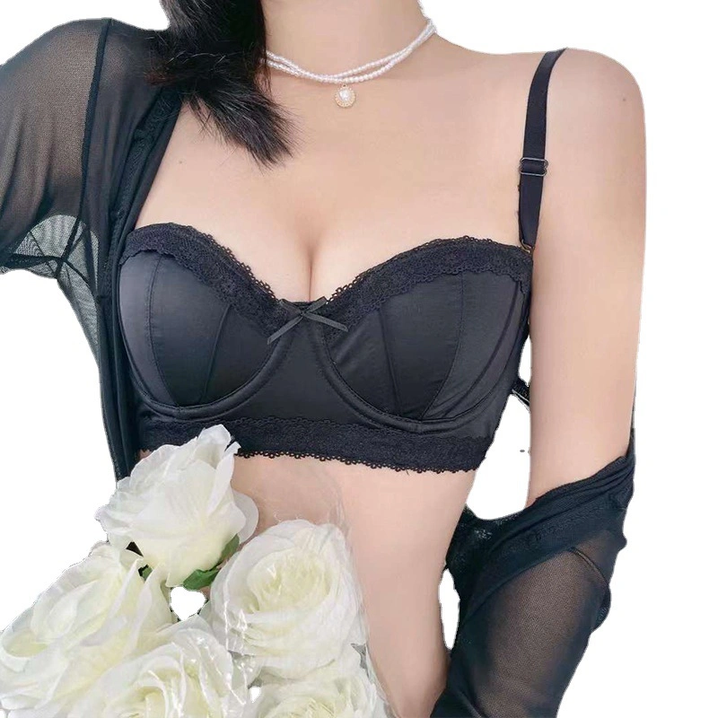 Conjunto de roupa interior sexy Lace Half-Cup Underwire transparent respirável para mulher Sutiã de lingerie