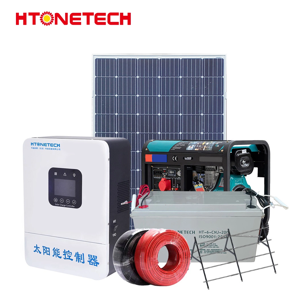 نظام الطاقة الشمسية Htonetech بقدرة 55 كيلووات بعيدًا عن الشبكة الصين بقدرة 5 كيلووات بقدرة 13 كيلووات Solar اللوحة أحادية الخلية 132 570W 10K مولد الديزل الخلايا الضوئية الشمسية نظام مولد الديزل الهجين