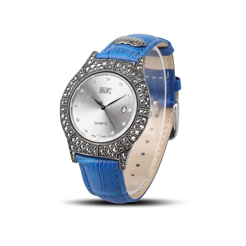 Jade Angel Women's Watches Leather Wrist Watch 925 Sterling Silver Case Pave Marcasite Fashion Blue Watch