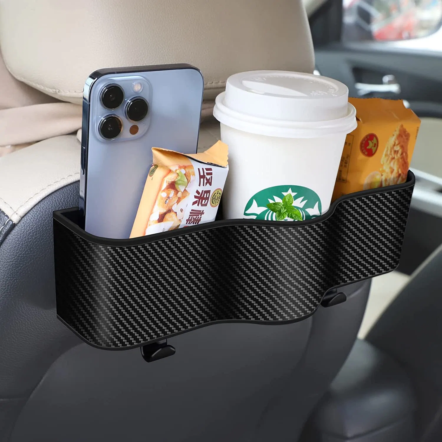 Rangement pour siège arrière avec repose-tête de voiture et porte-gobelets