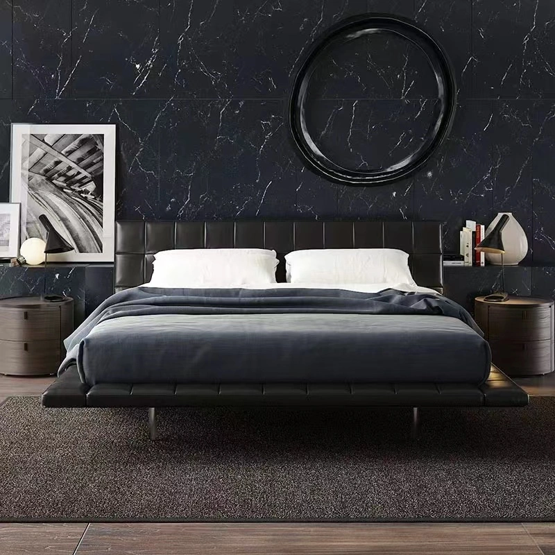 Meubles de chambre à coucher modernes de luxe italiens Lit en cuir véritable de taille king.