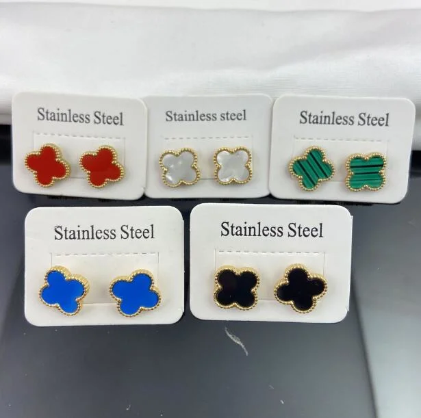 Ins Hot Sale Classic Charm White Black Red Green Blue Four-Leaf Clover Design Stainless Steel Stud Earrings