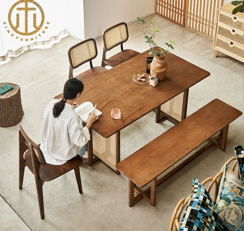 Nordic Solid Wood Home Dining Table and Chair Set Rattan Imple Furniture