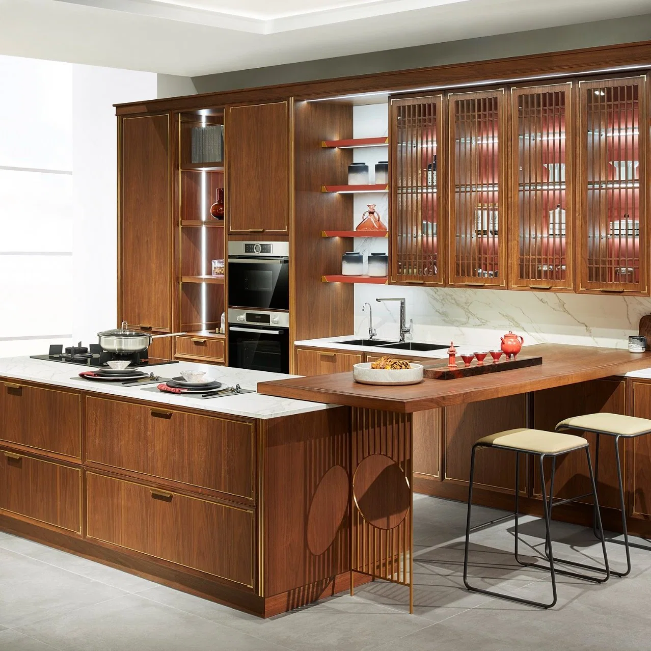 Pastoral Style Rosewood Solidwood White Rock Board U-Shaped High-End Home Furniture Wooden Storage Modern American Flat Pack Hutch Kitchen Cabinets