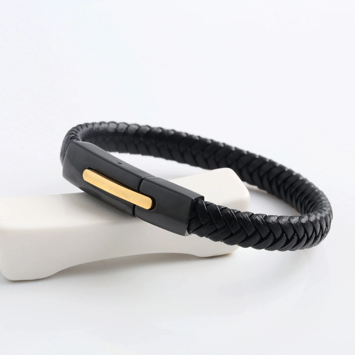 Bijoux de mode Bracelet en acier inoxydable pour homme en cuir véritable