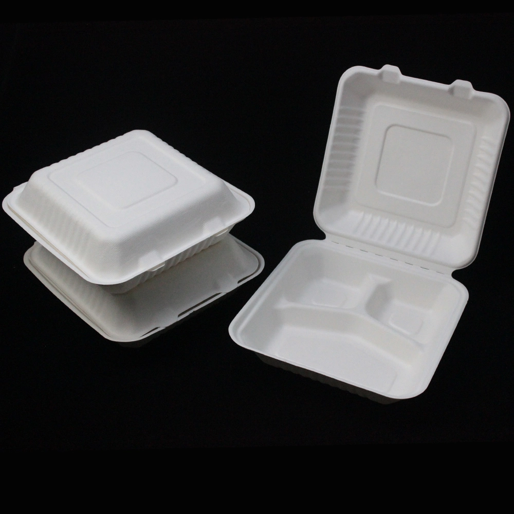 100% Biodegradable Disposable Sugarcane Tableware Bagasse 3 Compartments Clamshell Box in One Shrink Package