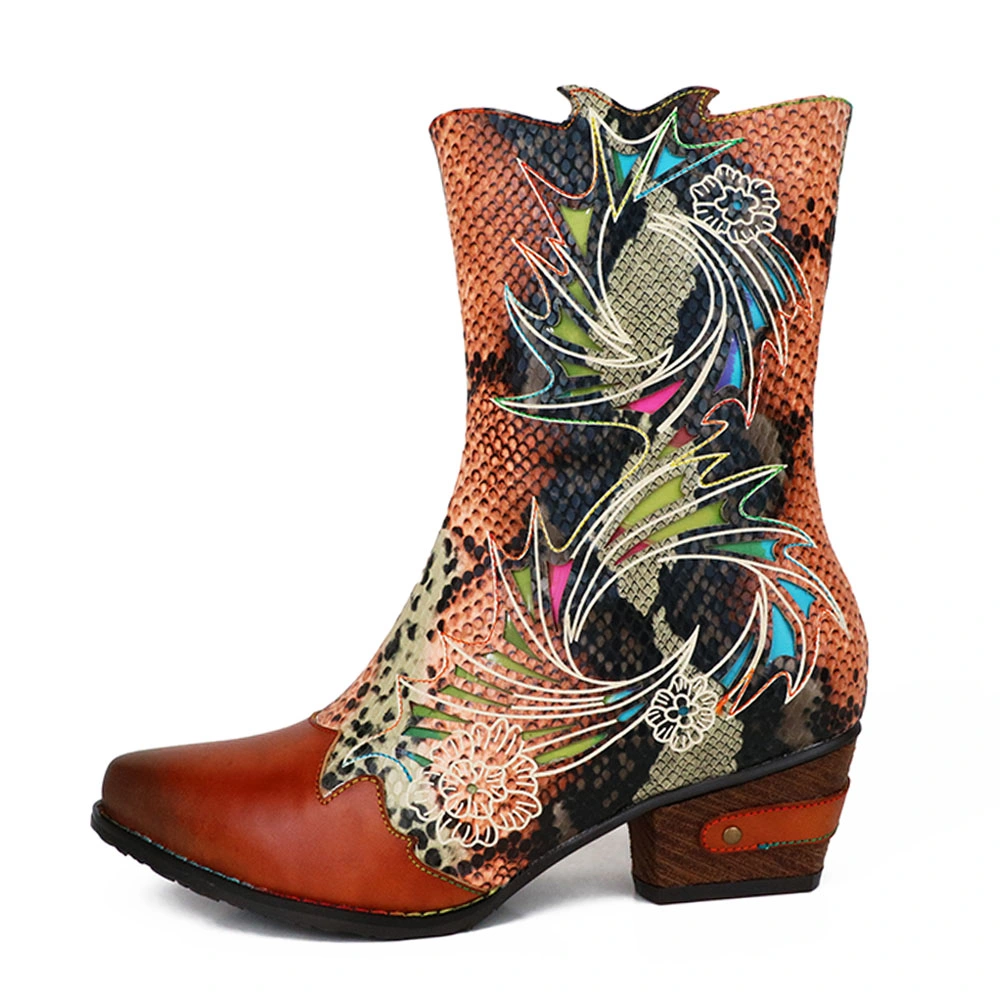 Lady&prime; S Vintage Laser Snake Pattern Booties Handpainted Leather Fashion Boots