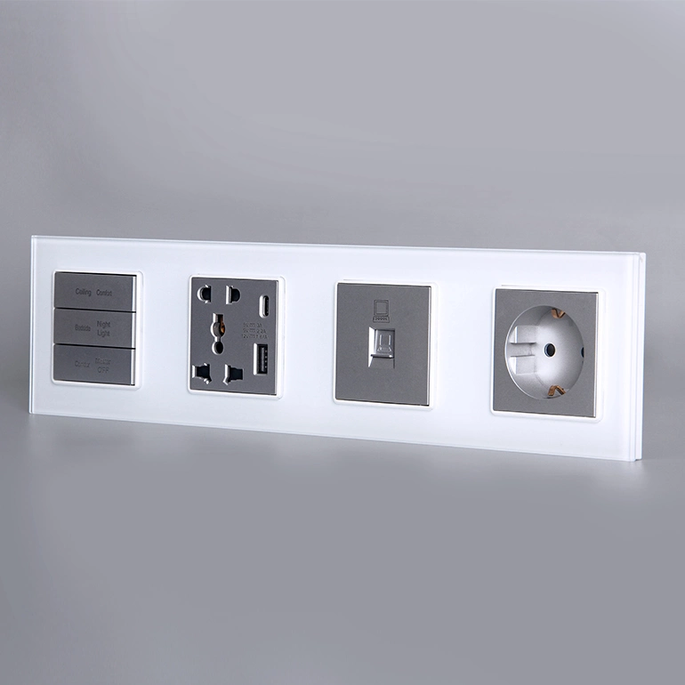 Botão de carregamento USB tipo C ligado, vidro temperado branco Switch European Wall socket (Interruptor da tomada de parede europeia