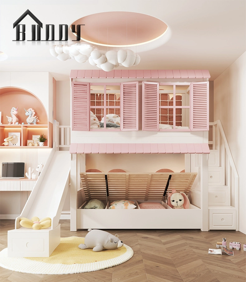 Children Bed Modern Pink Princess Bed Kids Bunk Beds Triple Girls Bedroom Wooden Furniture